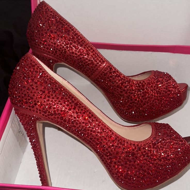 So, So Gorgeous And Remind Me Of Christian Louboutin Heals. The Crystals On These Heals Are Insane And Would Be Beyond Gorgeous With A Dress. Elegant Red Sandals With Rhinestones, Red Sandals With Rhinestones And Round Toe, Red Rhinestones Sandals With Round Toe, Red Closed Toe Sandals For Party, Red Pointed Toe Glamorous Sandals, Red Open Toe Heels With Rhinestones, Red Rhinestone Sandals For Formal Occasions, Glamorous Red Pointed Toe Sandals, Formal Red Sandals With Rhinestones