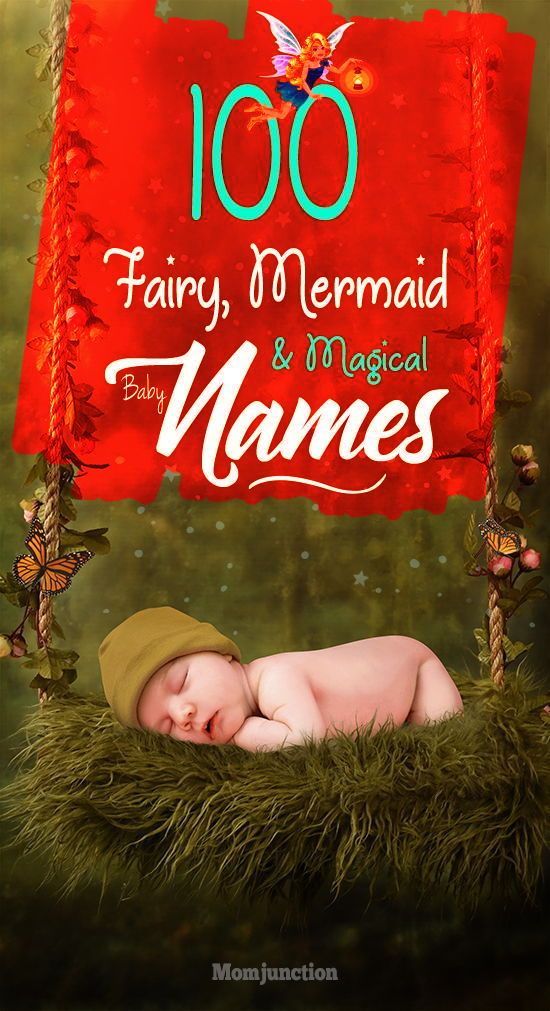 a baby sleeping on top of a lush green field next to a red sign that says 100 fairy mermaid and magic names