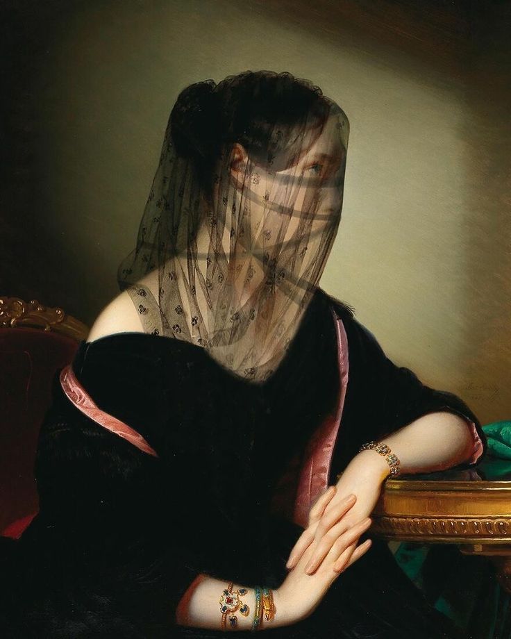 a painting of a woman with veil on her head sitting at a table in front of a mirror