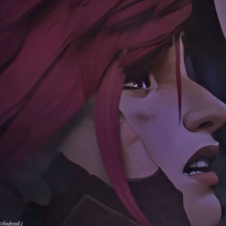 an animated image of a woman with red hair and black eyes looking at the camera