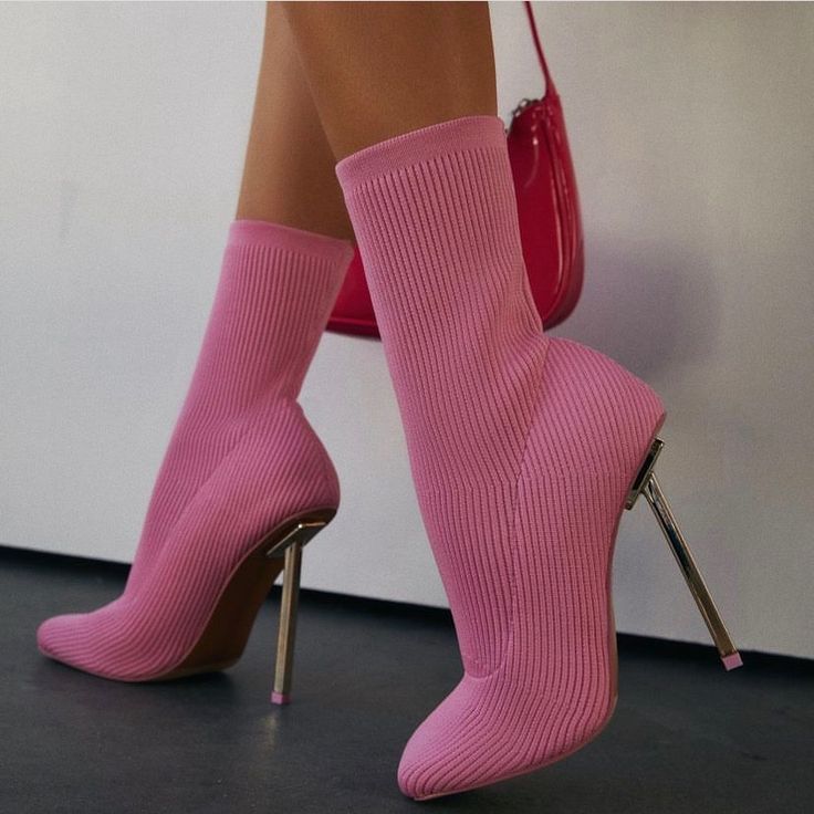 Brand New Pink Square Toed Bootie Perfect For A Barbie Costume Stretch Knit Ankle Boots Gold Heel Pink Ankle-high Boots For Winter, Pink Ankle-high Heels For Fall, Feminine Pink Boots For Spring, Pink Ankle Boot Heels For Fall, Pink Pointed Toe Winter Boots, Fall Pink Round Toe Heels, Pink Round Toe Heels For Fall, Pink Fitted Winter Boots, Fitted Pink Winter Boots