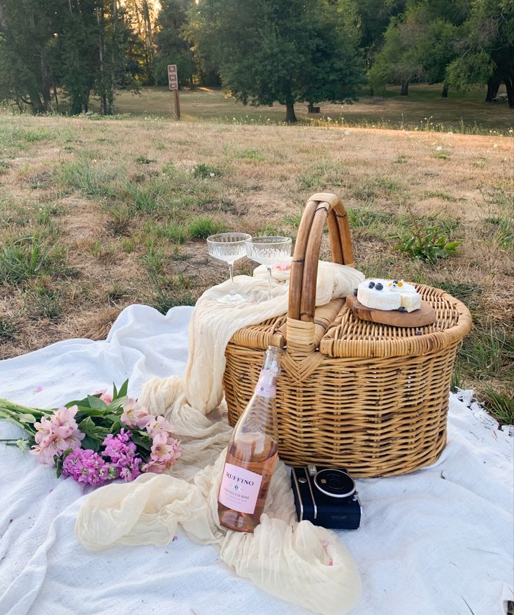 Picnic for two wine flowers wicker basket Polaroid photos blanket charcuterie Picnic Photoshoot Props, Flowers In Picnic Basket, Picnic Basket Flowers, Bridal Picnic, Cottage Core Photoshoot, Flower Picnic, Engagement Picnic, Cake Picnic, Wine And Flowers