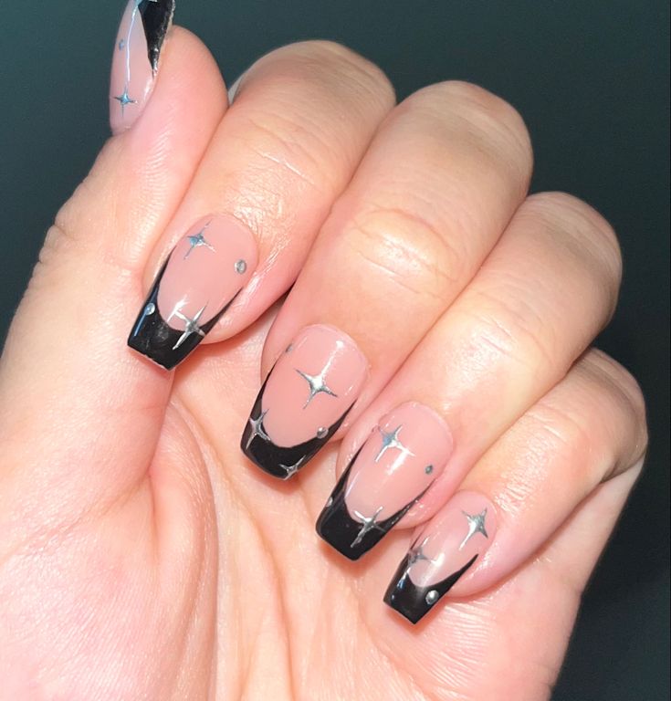 Black Nail Star Designs, Black With Silver Stars Nails, Black Tips With Stars Nails, Black Acrylic Nails With Stars, Black Star French Tip Nails, White French Tips With Black Stars, Black French Tip Nails With Sparkle, Black Tips Nail Designs, Black Star Nails Square