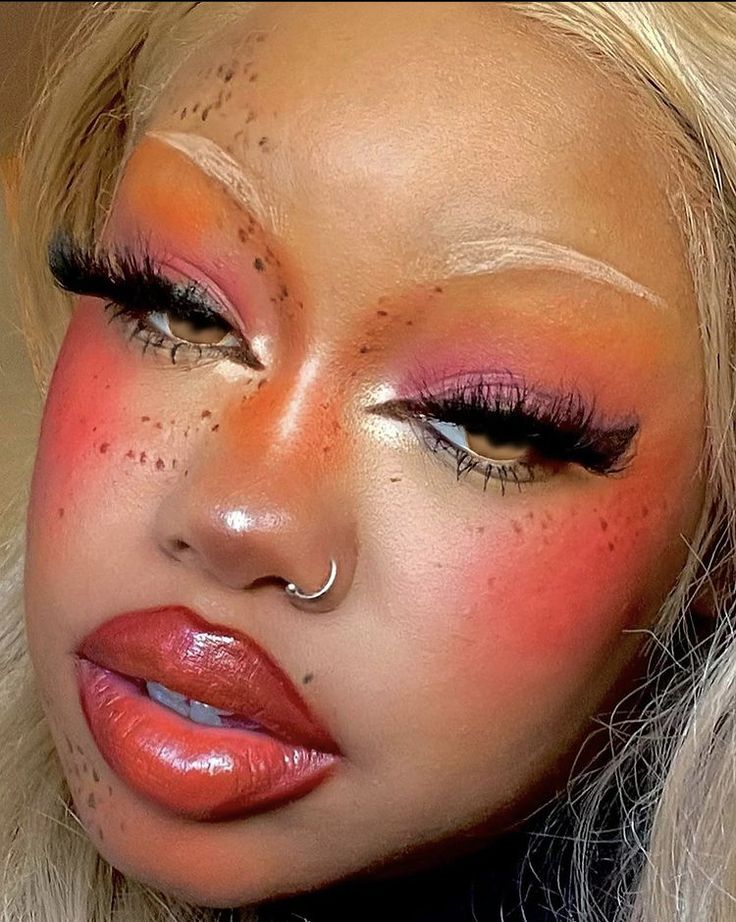 Bold Cheek Makeup, Orange Face Makeup, Black Women Colorful Makeup, Valentines Inspired Makeup, Orange Makeup Aesthetic, Digital Face Art, Colorful Eyeshadow Looks, Orange Makeup, Cheek Makeup