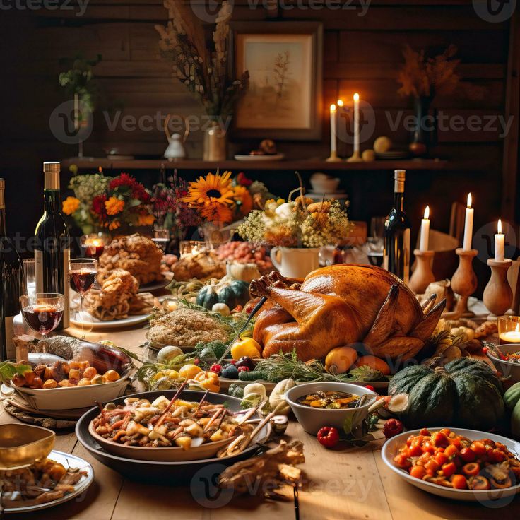 a table filled with lots of food and lit candles in front of the thanksgiving turkey