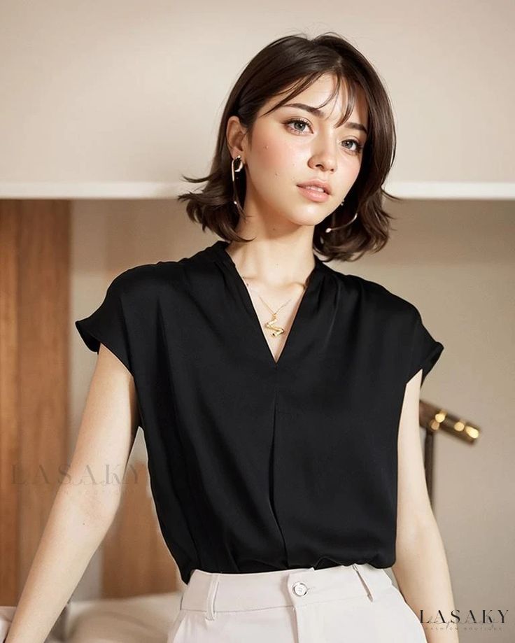 Lasaky - Premium Mulberry Silk V-Neck Short Sleeve Blouse - Elegant and Sophisticated Silk T-Shirt Black Blouse Short Sleeve, Silk Tee, Silk Pattern, Silk T Shirt, Silk Shorts, Casual Work Outfits, Tshirt Outfits, Casual Blouse, Mulberry Silk