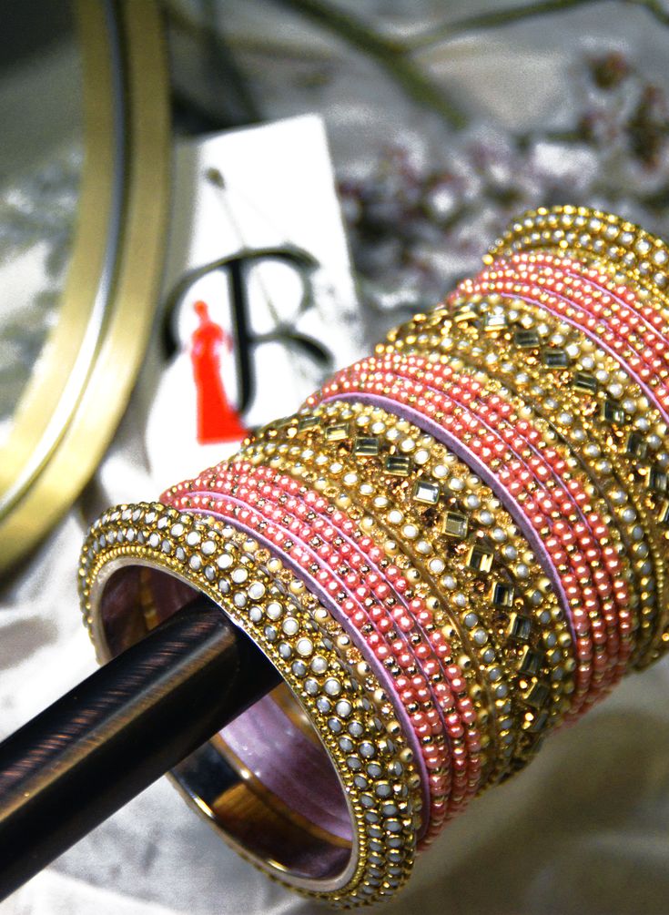 Gold & Pink Bridal Chooda Bangles in the USA Gold Beaded Bangle For Wedding, Traditional Beaded Bangle For Wedding, Traditional Wedding Beaded Bangle, Wedding Beaded Bangle Jewelry, Festive Pink Cutdana Bracelets, Beaded Bangle For Wedding And Festive Occasions, Beaded Bangle Jewelry For Wedding, Festive Beaded Bangle For Festivals, Beaded Bangle Wedding Jewelry