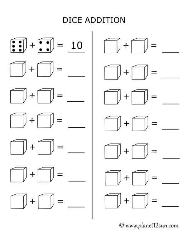 dice addition worksheet for kids