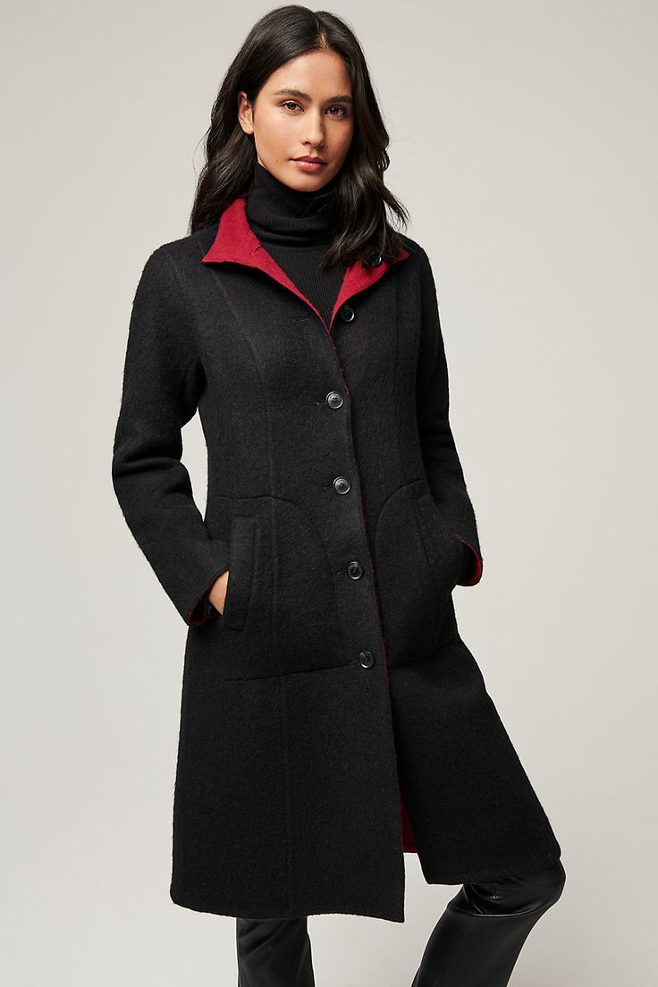 Simple, sophisticated, and versatile, the Selma coat makes the perfect companion on a dinner date or trip to the museum. Made of a super-soft, resilient blend of Merino wool and baby alpaca, this coat features flattering princess seams, contemporary patch pockets, and a stand-up collar. Best of all, it's reversible, giving you two coats in one. Elegant Merino Wool Outerwear For Work, Black Cashmere Wool Coat For Winter, Winter Black Cashmere Wool Coat, Elegant Merino Wool Formal Outerwear, Elegant Long Sleeve Merino Wool Outerwear, Elegant Merino Wool Outerwear For Winter, Elegant Merino Wool Outerwear For Formal Occasions, Elegant Long-sleeved Merino Wool Sweater Coat, Elegant Long Sleeve Merino Wool Sweater Coat