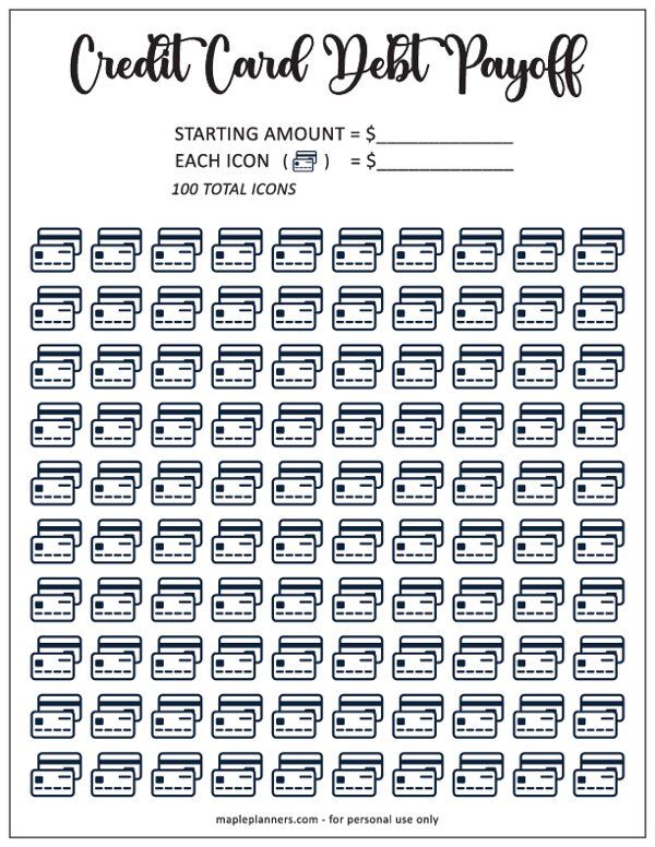 the printable credit card debt pay sheet is shown in black and white, with numbers on