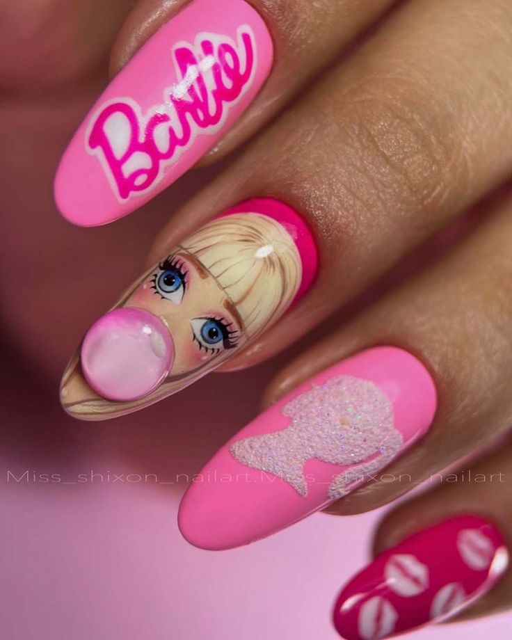 Barbie Doll Nail Art, Hot Pink Nails Barbie, Doll Nail Art Designs, Barbie Nail Ideas, Doll Nail Art, Barbie Nails Design Ideas, Nail Barbie, Nail Themes, Barbie Nail Art