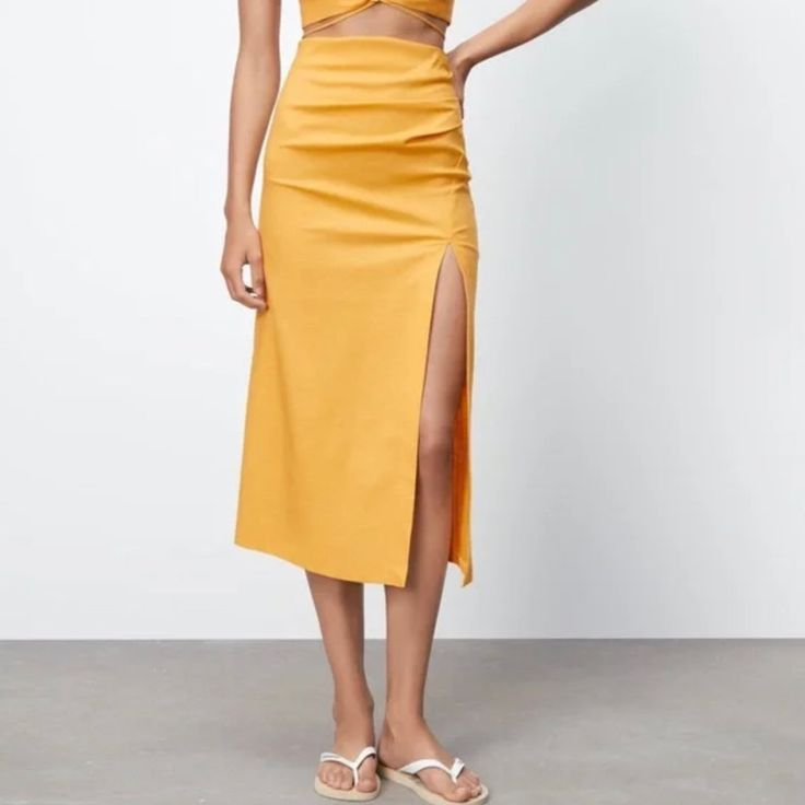 Nwt Zara Beautiful Mustard Skirt Yellow Maxi Skirt For Day Out, Yellow High-waist Skirt For Summer, Chic Yellow Fitted Pencil Skirt, Chic Fitted Yellow Pencil Skirt, Zara Midi Length Summer Bottoms, Zara Midi Length Bottoms For Summer, Zara Summer Pencil Skirt, Zara Pencil Skirt For Summer, Yellow High-waist Skirt For Spring