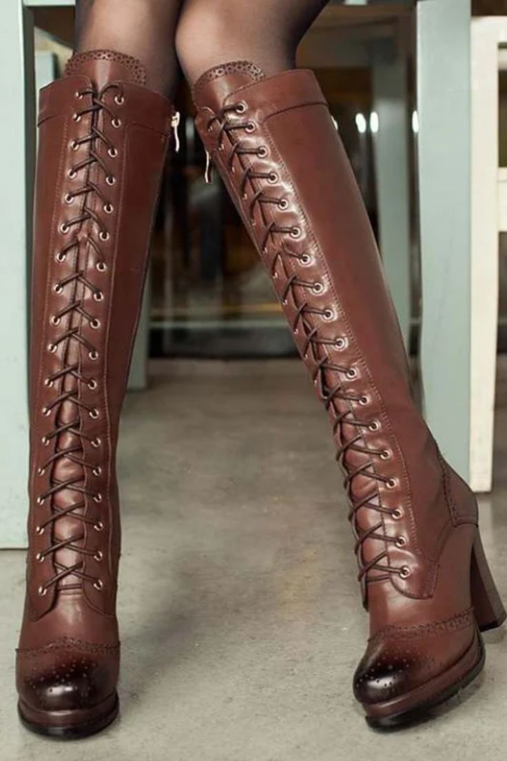 woman wearing high steampunk boots in brown color Genuine Leather Knee High Boots, Steampunk Boots, Leather Shoe Laces, Leather Riding Boots, Casual Heels, Knee High Leather Boots, Leather High Heels, Leather Shoes Woman, Thigh High Boots