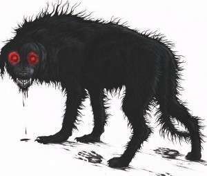 an animal with red eyes and long hair is walking on the ground in front of a white background