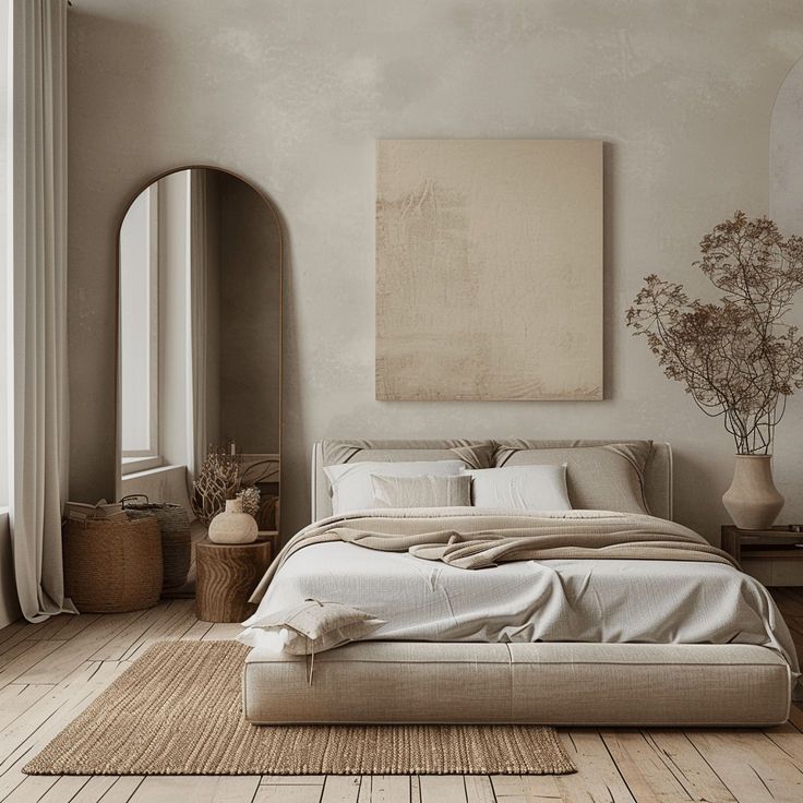 A minimalist bedroom featuring carefully selected quality furniture and decor that contribute to the overall sense of sophistication and longevity of the minimalist design Small Bedroom Ideas Indian Style, Diy Minimalist Bedroom, Bedroom Ideas Minimalist Cozy Vintage, Big Space Bedroom Ideas, Modern Mediterranean Decor Bedroom, Decorating Tiny Bedrooms, Painting Ideas In Bedroom, Earth Tone Room Ideas, Bedroom Painting Studio