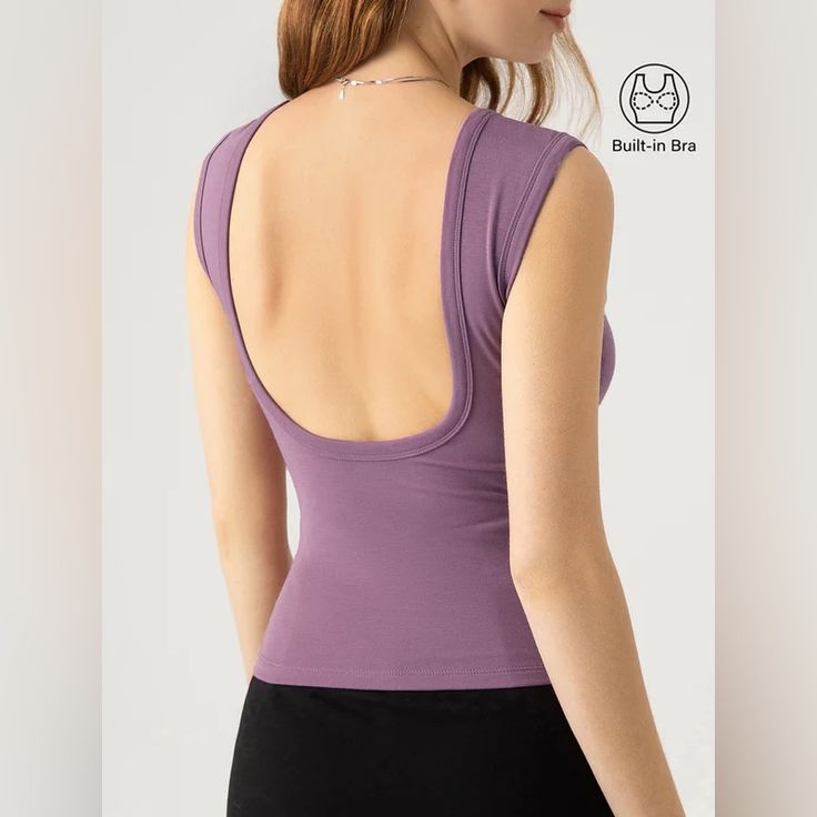 Eco-Skinkiss2.0 Low-Back Brami Tank - Moran Purple Double-Lined Front Removable Bra Pads Low-Back Design U-Neckline Sleeveless Wide Shoulder Casual Elastane Tops For Pilates, Snug Fit Sleeveless Tops With Built-in Bra, Fitted Crop Top For Pilates, Fitted Purple Tank Top With Built-in Bra, Fitted Tops For Pilates In Summer, Fitted Summer Tops For Pilates, Fitted Sleeveless Crop Top For Pilates, Sleeveless Top With Built-in Bra And Snug Fit, Sleeveless Snug Fit Tops With Built-in Bra