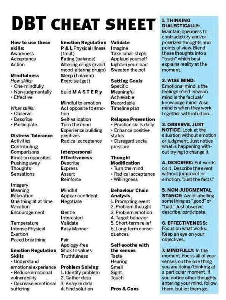 DBT cheat sheet Systemisches Coaching, Dbt Therapy, Dbt Skills, Clinical Social Work, Behavior Therapy, Dialectical Behavior Therapy, School Social Work, Mental Health Counseling, Counseling Activities