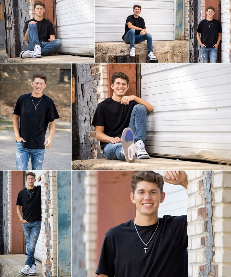 a young man sitting on the side of a building with his feet crossed and smiling