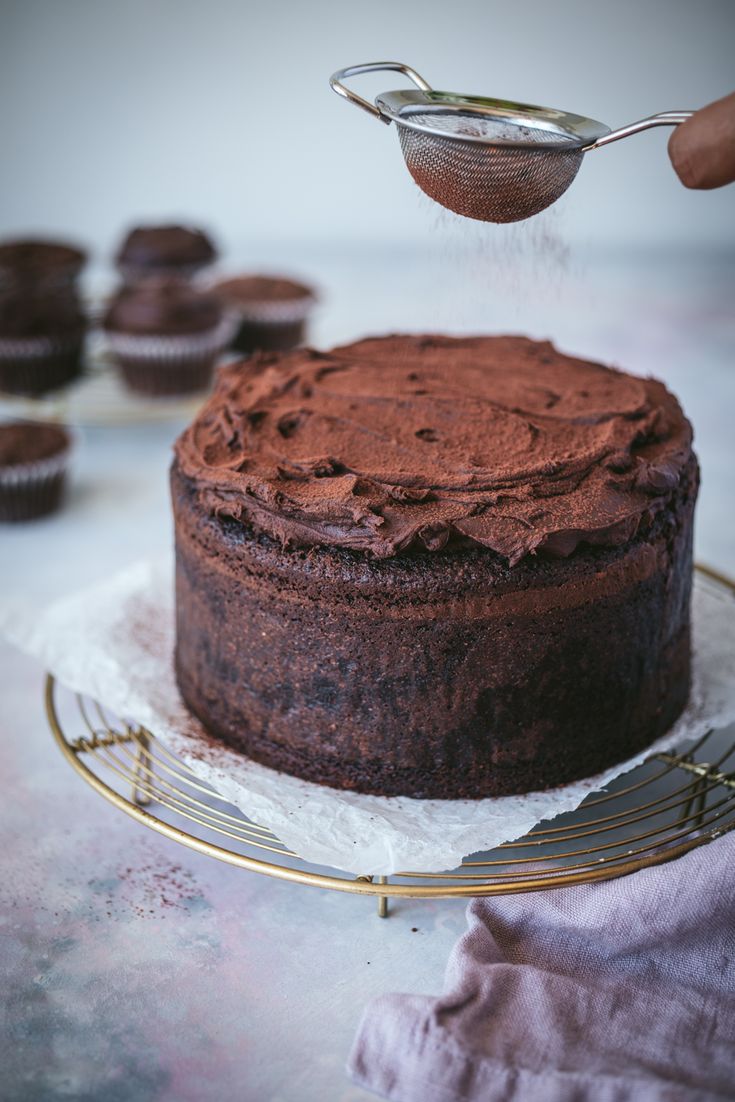 someone sprinkling chocolate frosting onto a cake