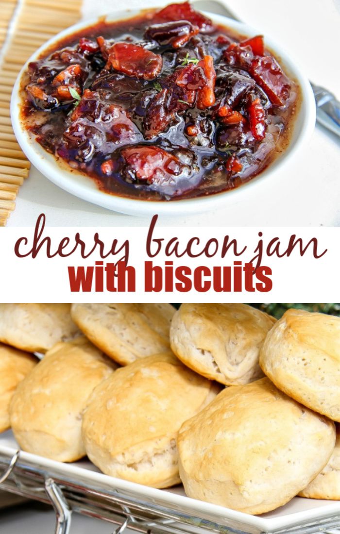 cherry bacon jam with biscuits in a white bowl and on a plate next to it