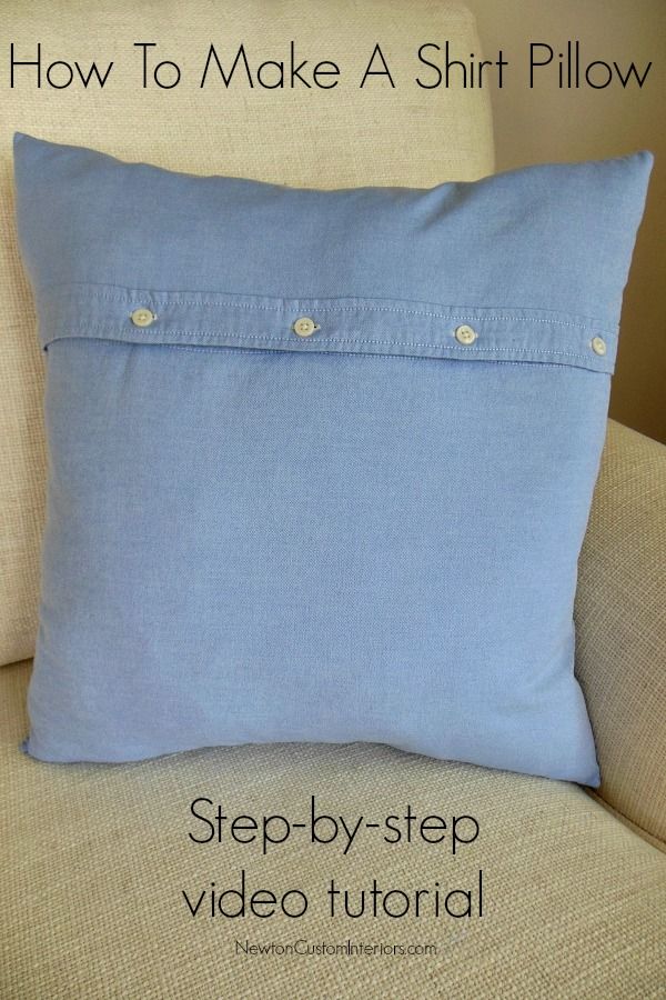 a blue pillow sitting on top of a couch next to a white chair with the words, how to make a shirt pillow