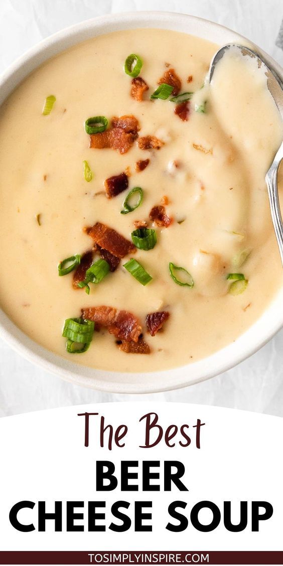 the best beer cheese soup in a white bowl