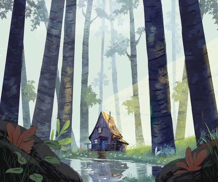 a painting of a house in the middle of a forest surrounded by water and trees