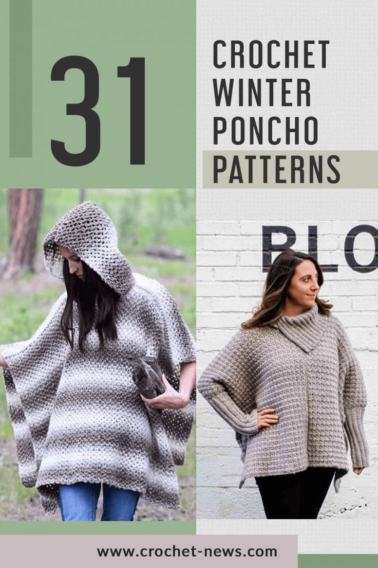 three different knitted poncho patterns with text that reads 31 crochet winter poncho patterns