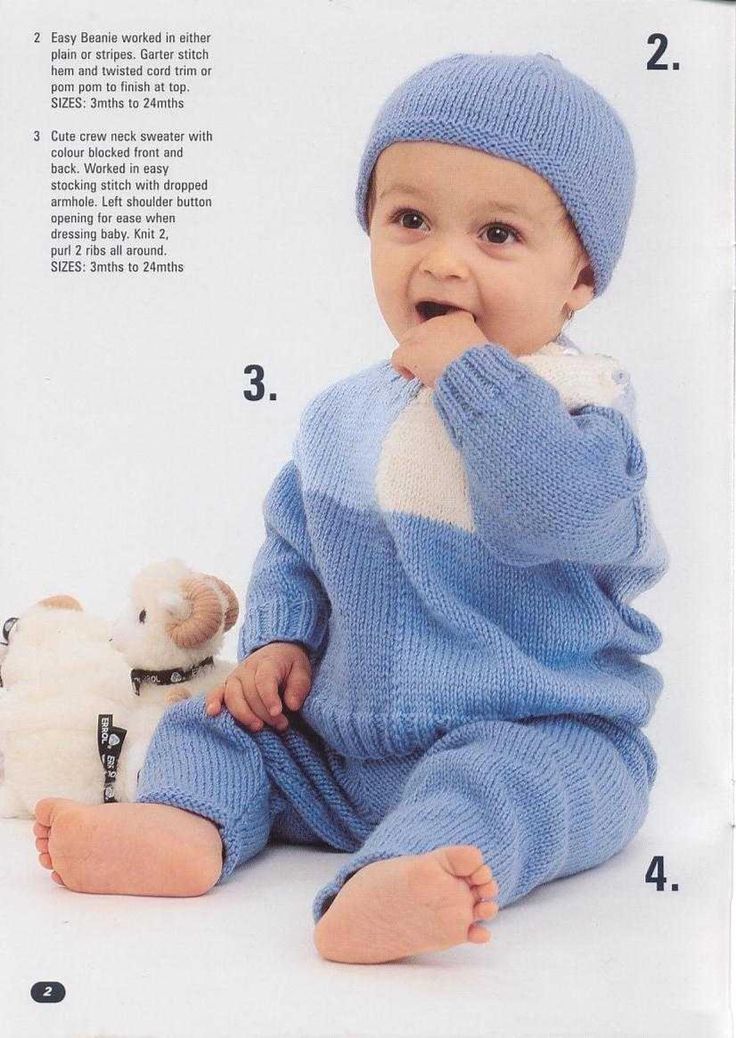 a baby sitting on the ground with a stuffed animal in his mouth and wearing a blue knitted outfit