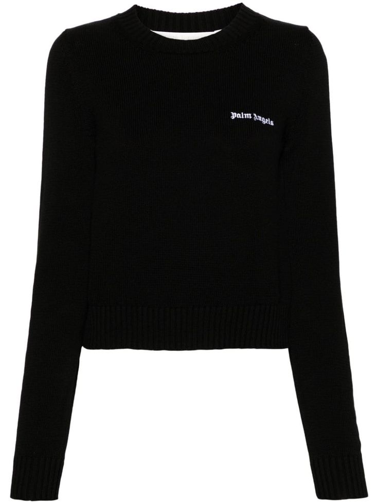 black cotton ribbed knit embroidered logo at the chest crew neck long sleeves straight hem cropped Black Cropped Sweater With Ribbed Collar, Black Cotton Crew Neck Cropped Sweater, Black Crew Neck Cropped Sweater With Ribbed Cuffs, Black Cropped Crew Neck Sweater With Ribbed Cuffs, Cropped Black Sweater With Ribbed Cuffs, Fitted Cropped Sweater With Ribbed Crew Neck, Angels Logo, Palm Angels, Knitwear Women