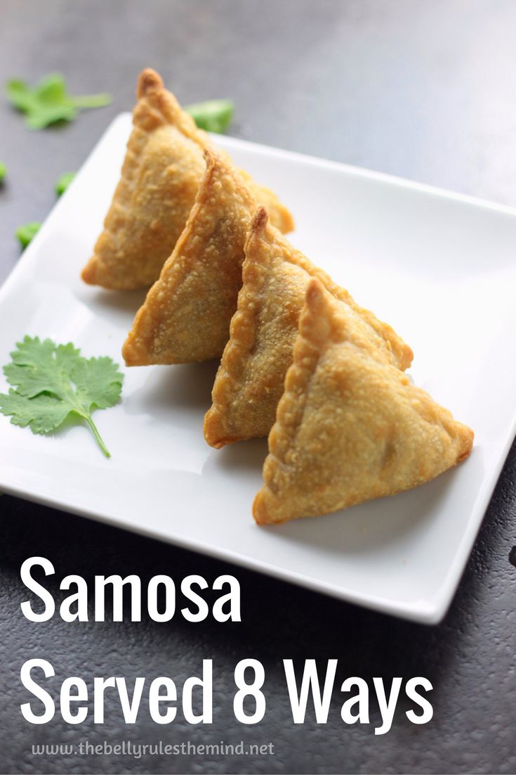 samosa served 8 ways on a white plate