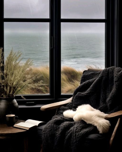 a cat sleeping on a chair in front of a window with the ocean out side