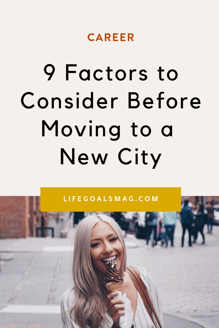 a woman eating a chocolate donut with the title 9 factorors to consider before moving to a new city