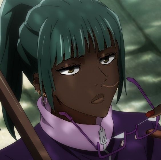 an anime character with green hair holding a stick and looking off to the side while wearing purple