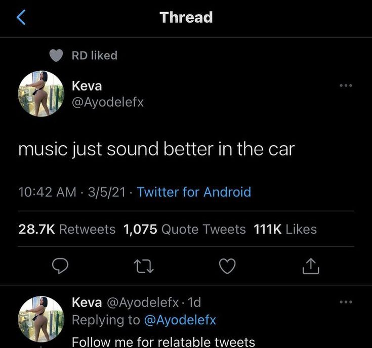 two tweets that are on the same phone screen, one is saying music just sound better in the car