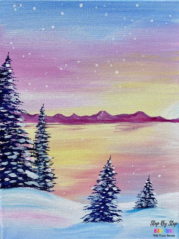 an acrylic painting of trees in the snow at sunset with mountains in the distance