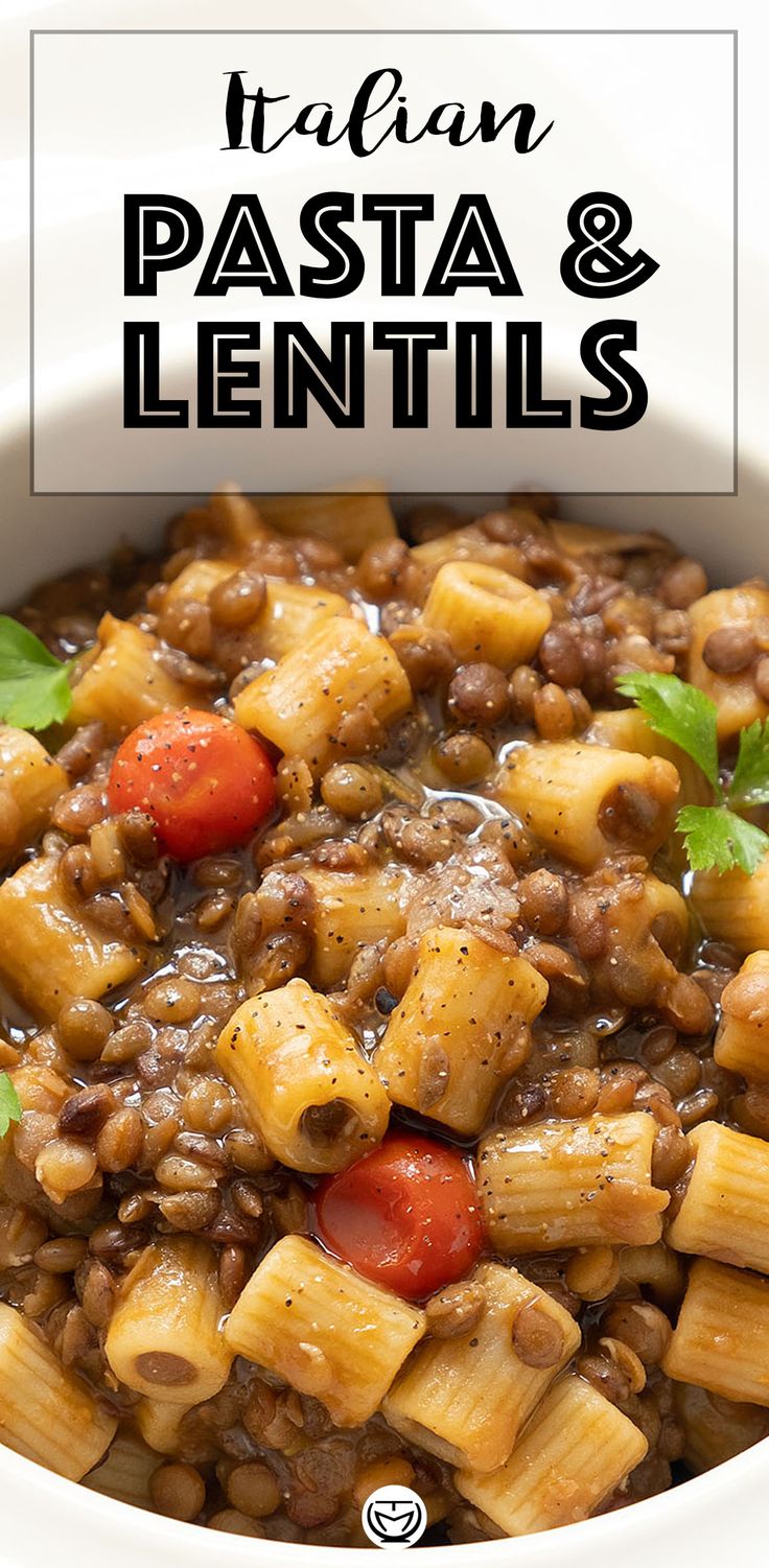 a white bowl filled with pasta and lentils