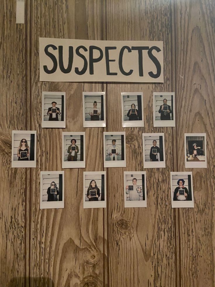 a bulletin board with pictures on it and the words suspects written in black above them