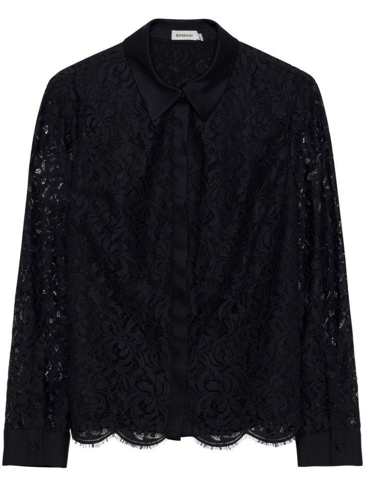 black sheer lace overlay classic collar concealed front fastening long sleeves buttoned-cuff sleeves scallop hem Scallop Hem, Iconic Bags, Demi Fine Jewelry, Exclusive Fashion, Scalloped Hem, Flat Boots, Ballet Flat Shoes, Lace Overlay, Lady Dior