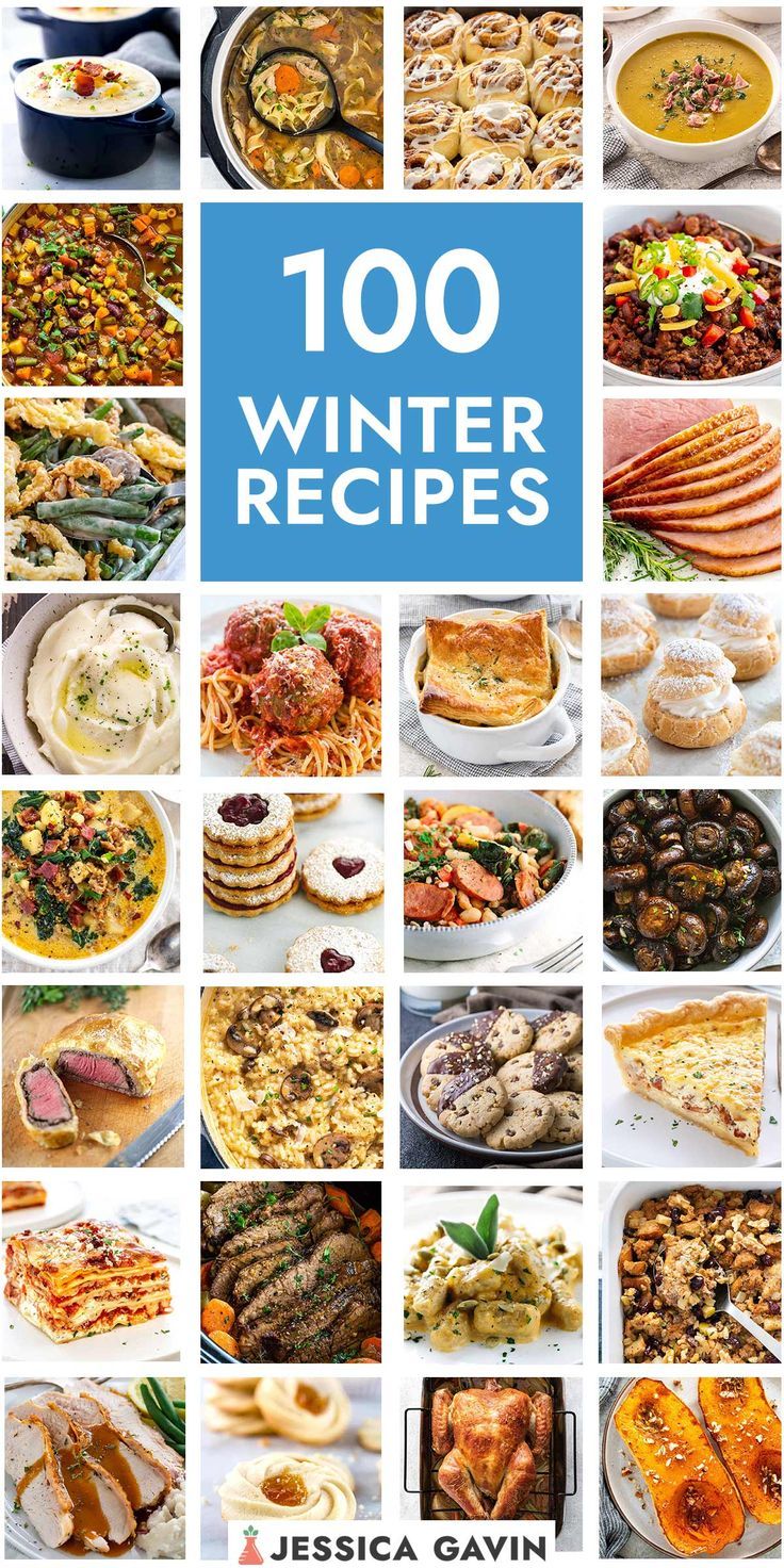 the cover of 100 winter recipes with pictures of different foods and desserts on it