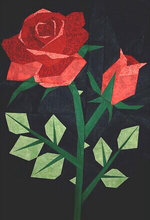 a painting of two red roses on a black background with green stems and leaves in the foreground