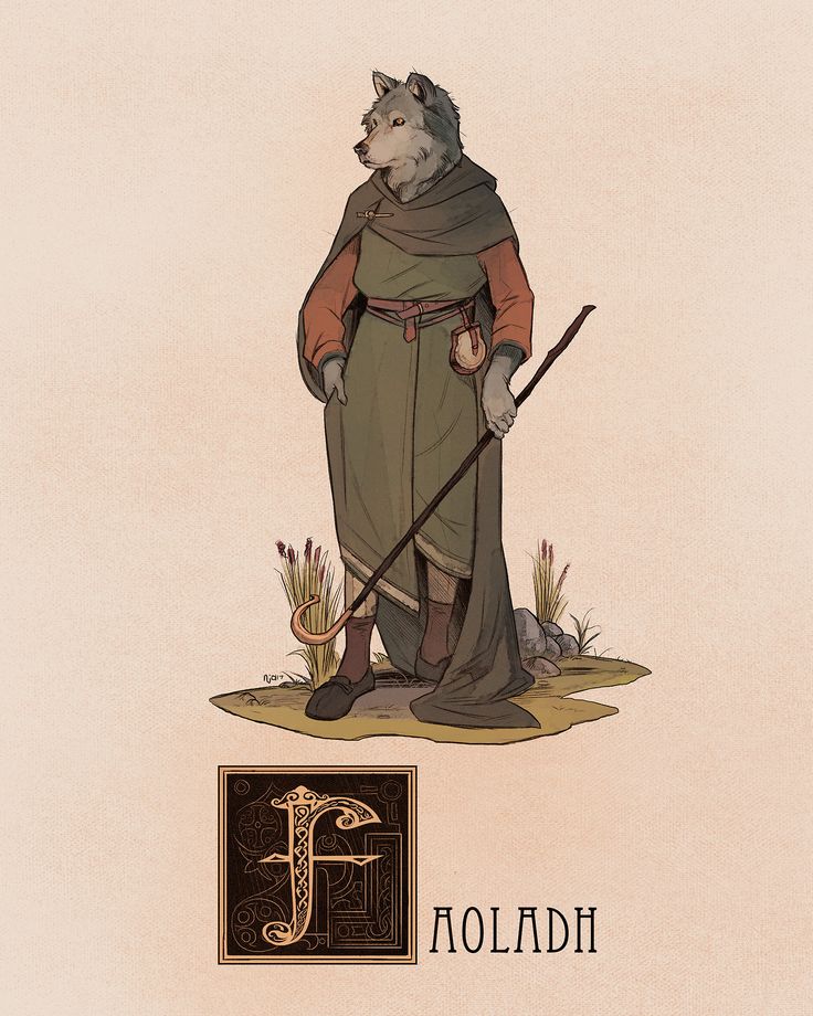 an animal dressed in medieval clothing and holding a staff with the letter f on it