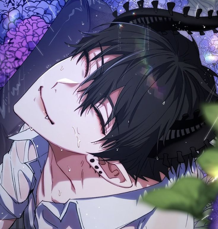 an anime character with black hair and white shirt, holding his head to the side