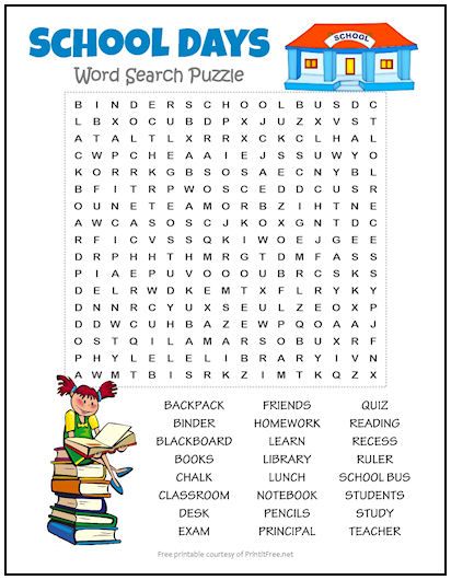 a school day word search puzzle with books and a house in the background, as well as