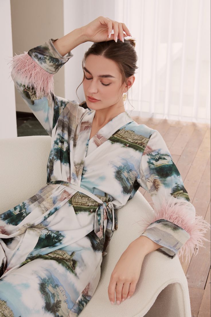 Refresh your wardrobe with premium classics. Our printed silk pajama set with feather is timeless style, brings you fortune, love and Christmas wish.❤️👘🙌 Shop link in bio, every gift that you bestow this holiday season is precious love. #pajamas #fashion #style #home #love #robe #christmas #holiday #gift #winter Luxury Silk Summer Sets, Elegant Robe With Feather Trim For Wedding Night, Elegant Feathered Evening Robe, Feathered Robe For Wedding Night, Elegant Fall Loungewear Sets, Elegant Summer Lounging Sets, Elegant Fitted Sleepwear For Pajama Party, Chic Loungewear Sets For Spring, Elegant Long Sleeve Summer Sleepwear