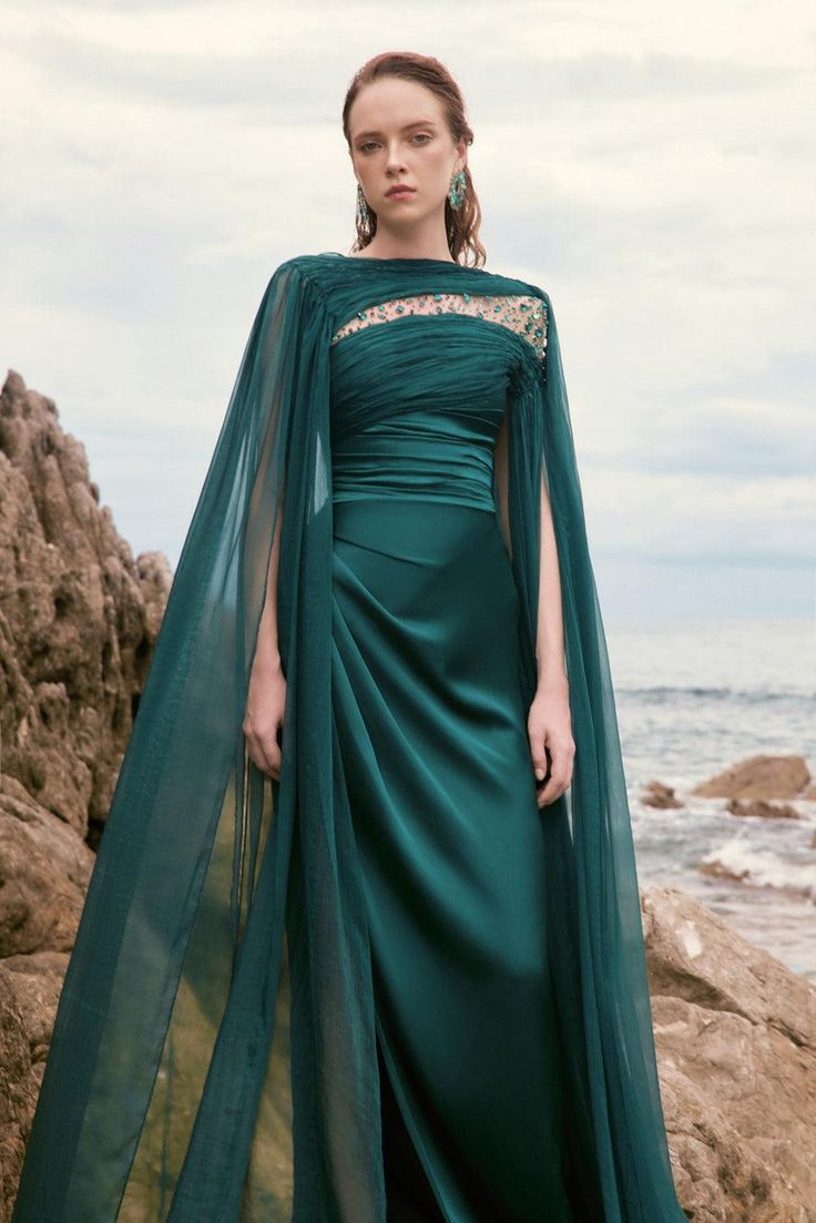 Kaytlyn Slit Cape Sleeved Silk Satin Floor Length Dress - MEAN BLVD Dark Green Elegant Dress, Dress Extension, Cape Sleeve Dress, Green Silk Dresses, Cape Gown, Puffy Dresses, Lace Evening Gowns, Mean Blvd, Off Shoulder Dresses