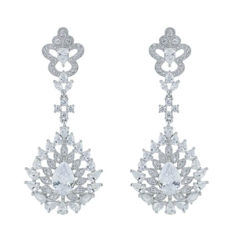 2 1/2" CZ Platinum Silver Plated Wedding Earrings White Gold Cubic Zirconia Chandelier Earrings For Wedding, Glamorous Formal Clip-on Bridal Earrings, Glamorous White Gold Bridal Earrings For Formal Occasions, Silver Diamond Earrings With Intricate Design For Wedding, Silver Diamond Clip-on Earrings For Wedding, Silver Crystal Chandelier Earrings For Anniversary, White Pierced Diamond Wedding Earrings, Silver Diamond Bridal Earrings With Elegant Design, White Pierced Diamond Earrings For Wedding