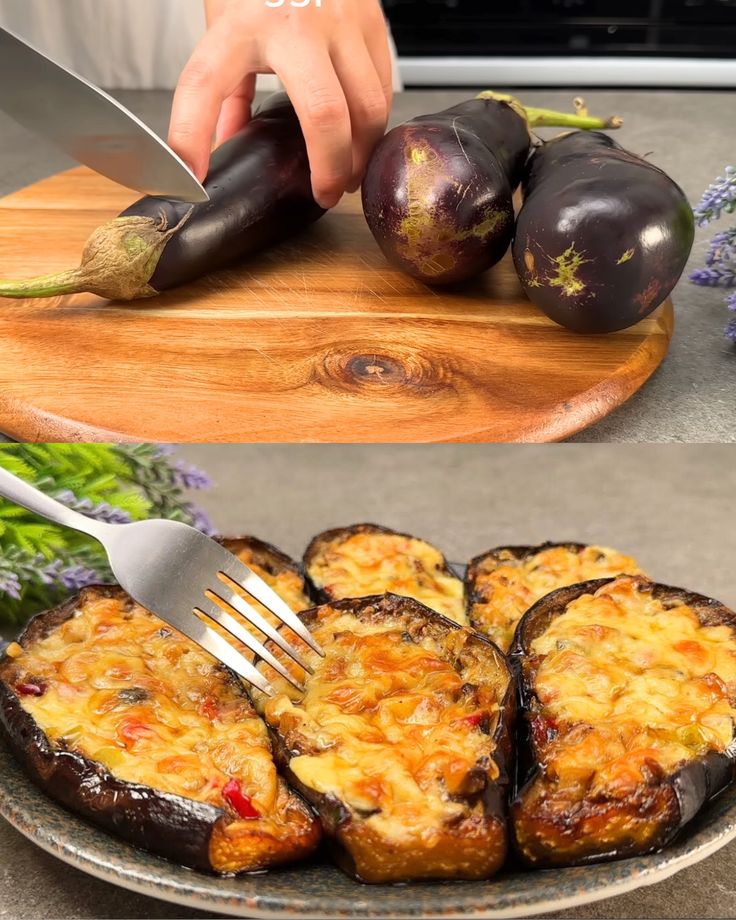 there are two pictures one is eggplant and the other has an eggplant on it