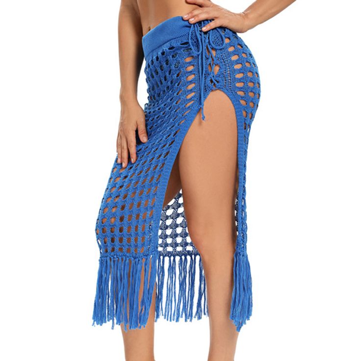 Blue Hollow-out High Split Tasseled Beach Skirt Skirt Y2k Outfits, Beach Skirt Outfit, Tassel Skirt, Crochet Cover Up, Skirt Y2k, Coverup Skirt, Skirt Maxi, Holiday Beach, Beach Skirt