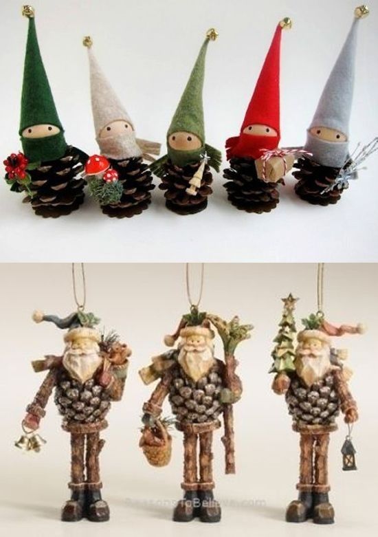 christmas decorations made out of pine cones and gnome figurines are shown in three different angles